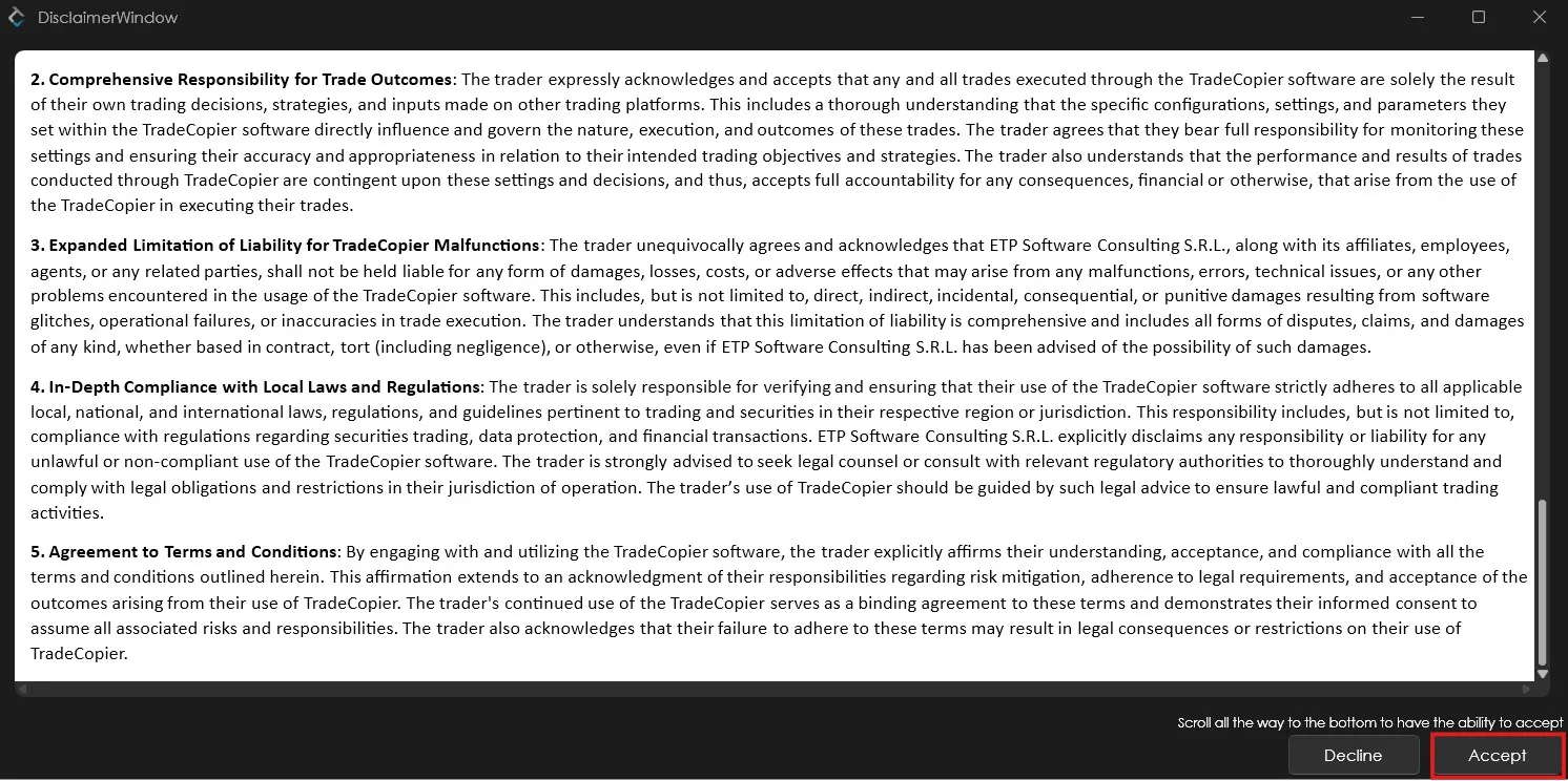 Accepting the Tradovate connection disclaimer in ETP Trade Copier