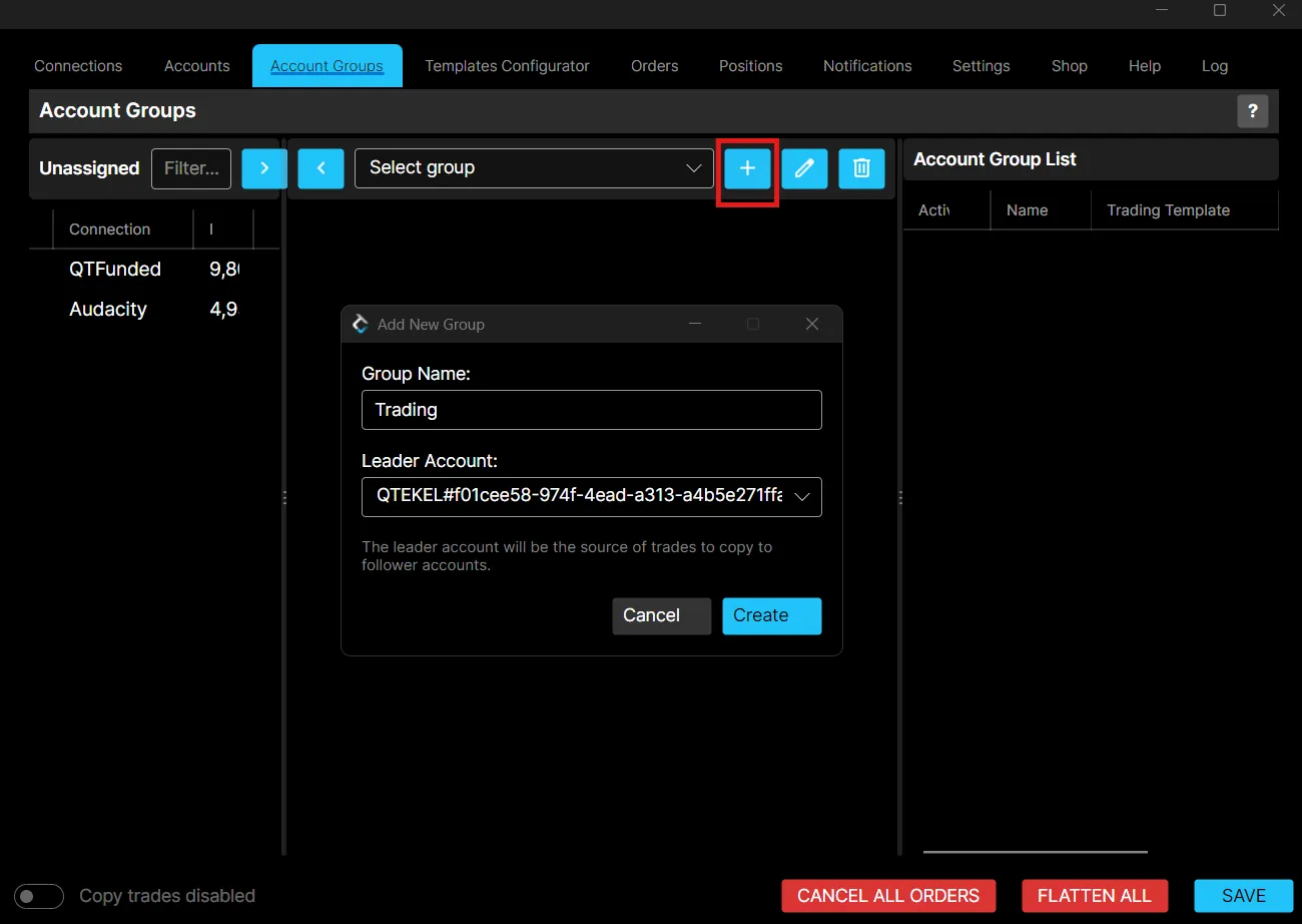 The Add New Group window, with a group name and leader account selected