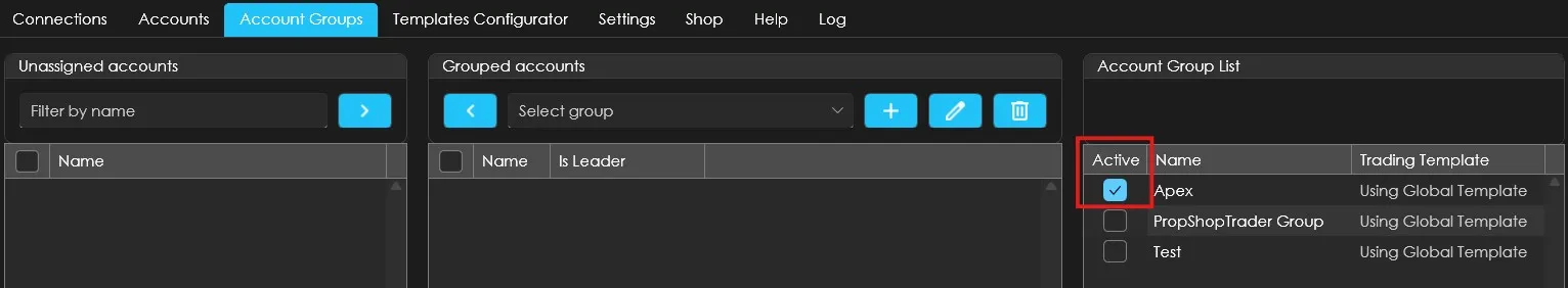 An account group enabled for trading, which the Copy Trades toggle requires