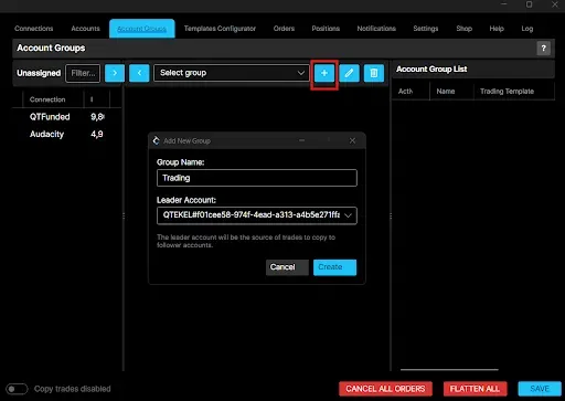 The Add New Group window, with a group name and leader account