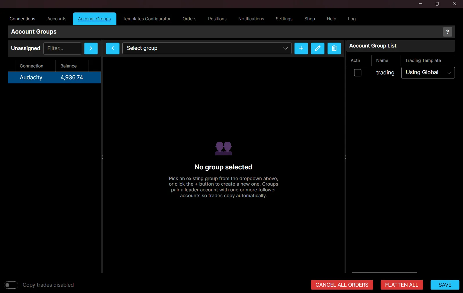 The Account Groups page, with unassigned accounts, the selected group, and the account group list