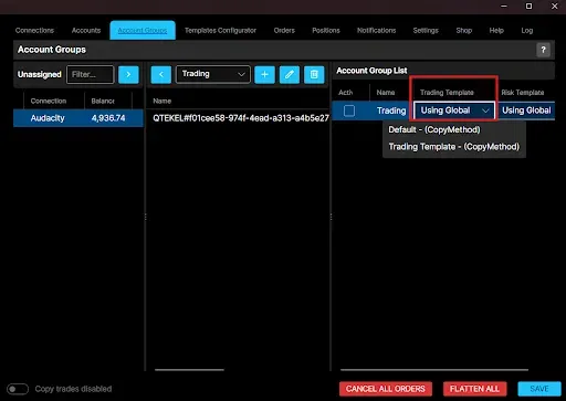 Choosing a trading template for a group from the Account Group List