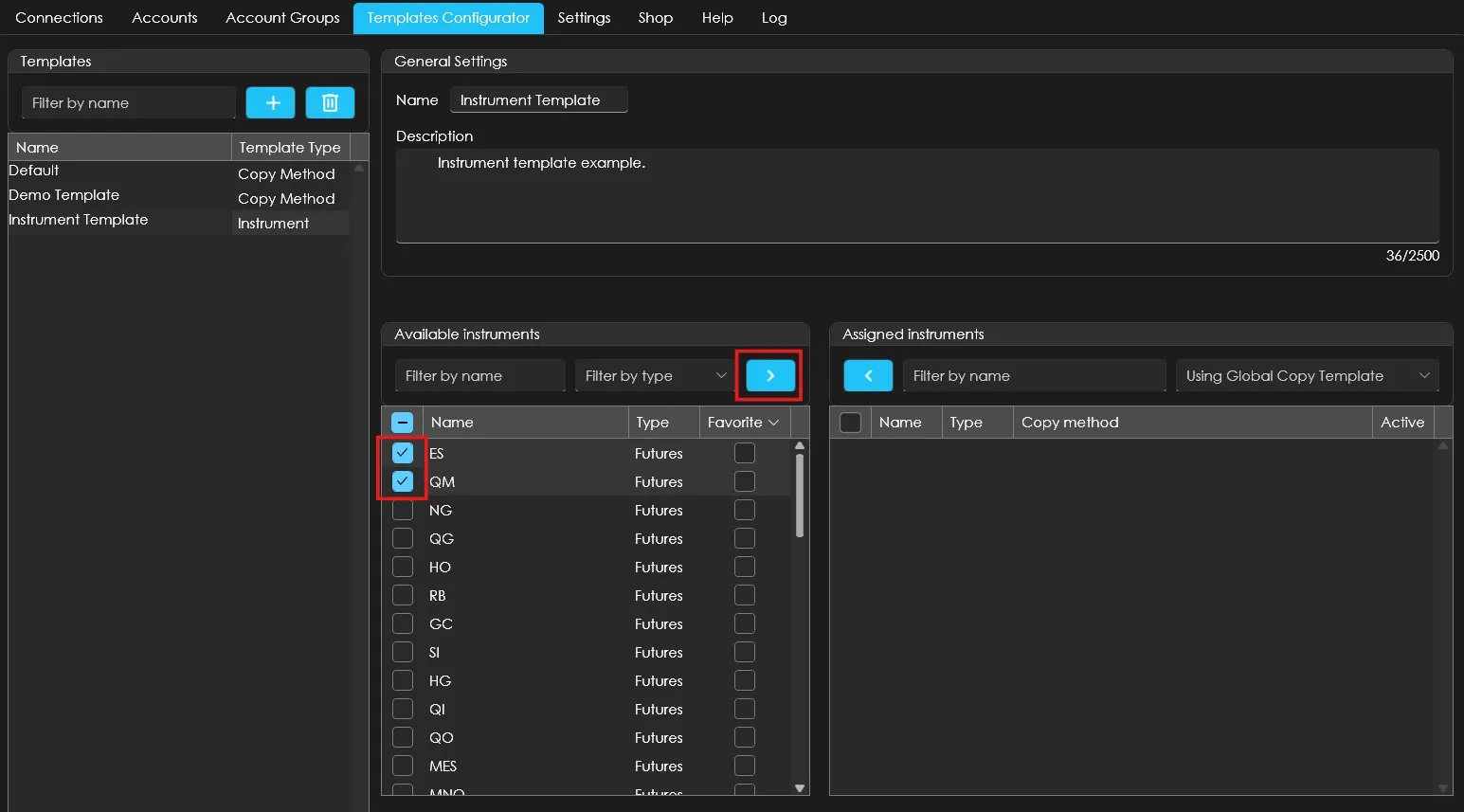 Adding specific instruments to an instrument template in ETP Trade Copier