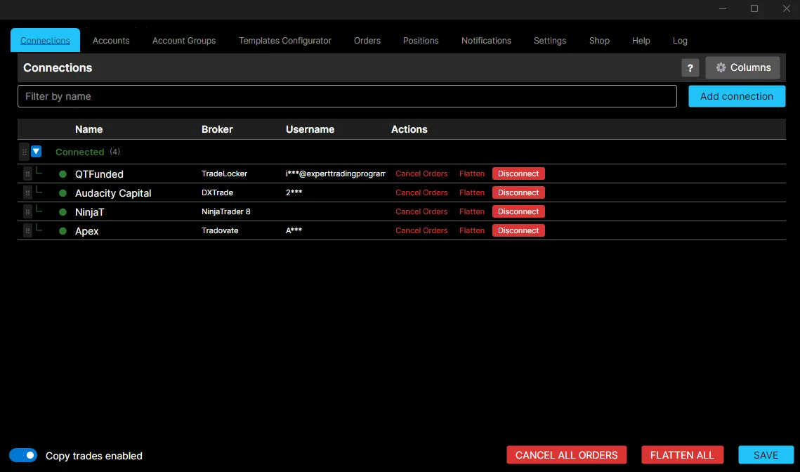 The Connections tab of ETP Trade Copier, listing four connected accounts across TradeLocker, DXTrade, NinjaTrader 8 and Tradovate, each with Cancel Orders, Flatten and Disconnect actions.