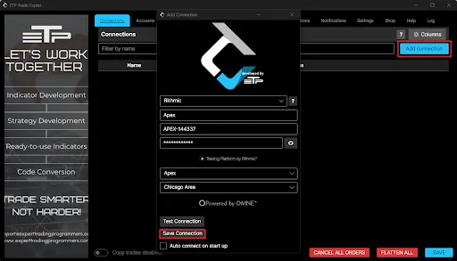 The Add Connection window, with the broker selected and connection details filled in