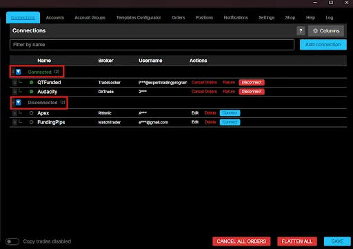 The Connections page showing connected and disconnected connections