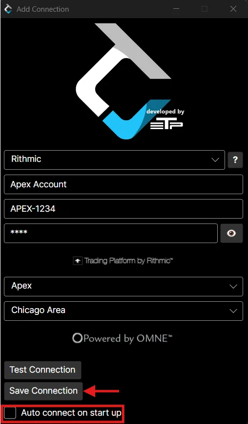 The Add Connection window, with Save Connection and Auto connect on start up highlighted