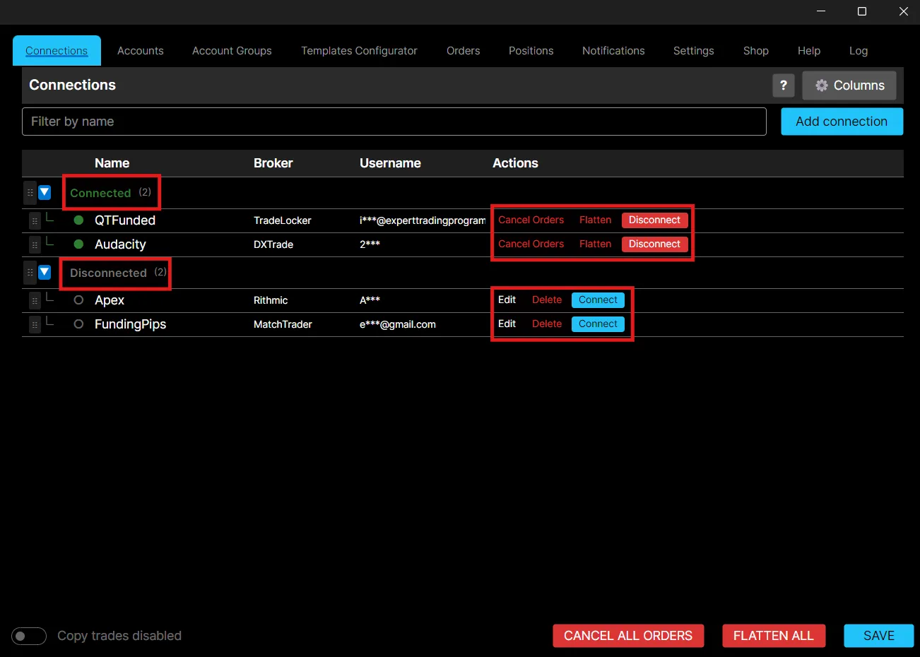 The Connections page, showing connected and disconnected connections with their available actions