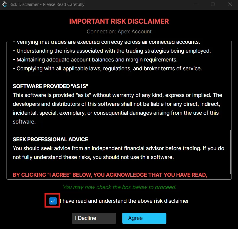The risk disclaimer shown before a new connection can connect