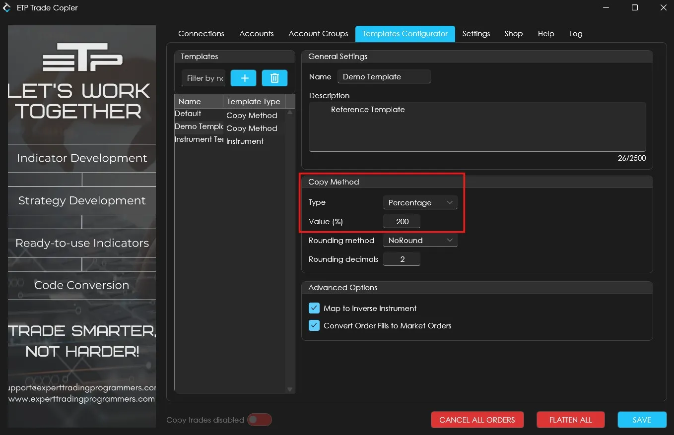 The copy multiplier setting in a copy method template