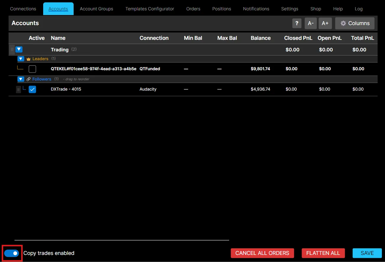 The Copy trades toggle switched on in the lower-left corner