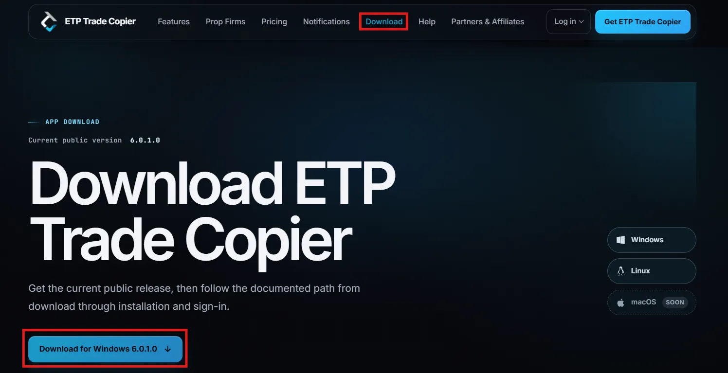 The ETP Trade Copier download page showing the current public version and the Download for Windows button