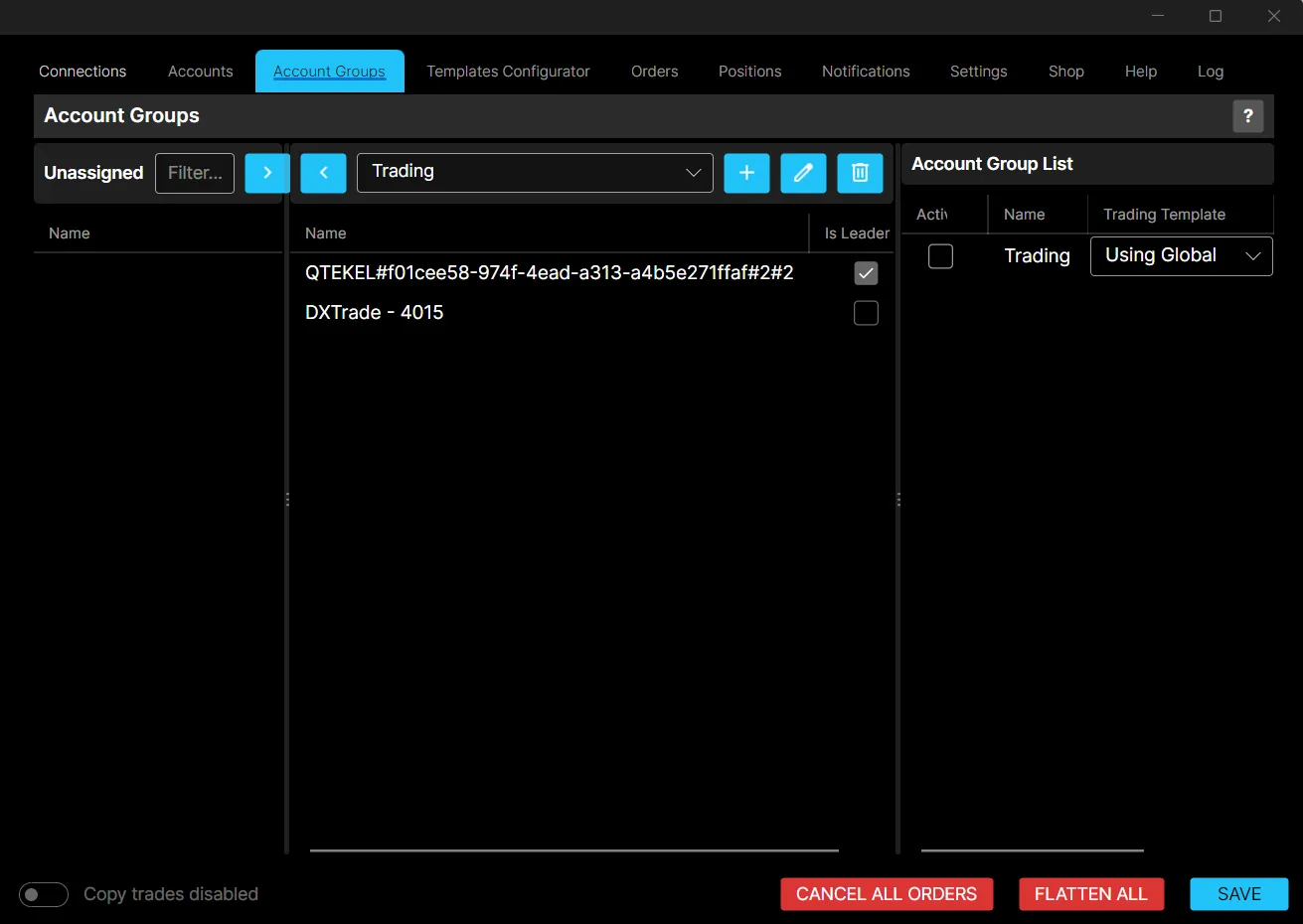 Choosing a leader and followers in the Account Groups tab