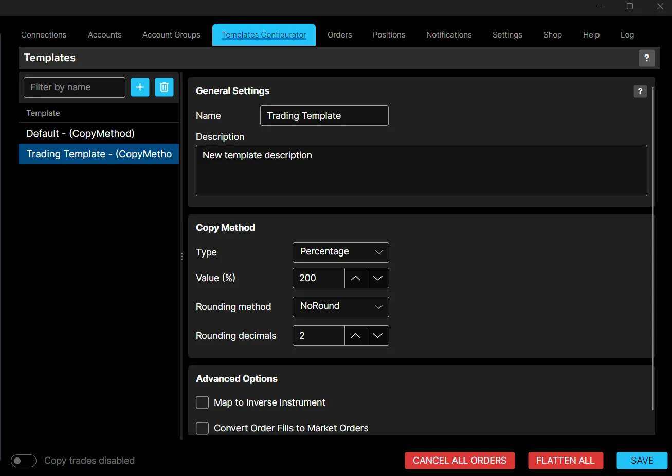Copy method and position sizing in the Templates Configurator