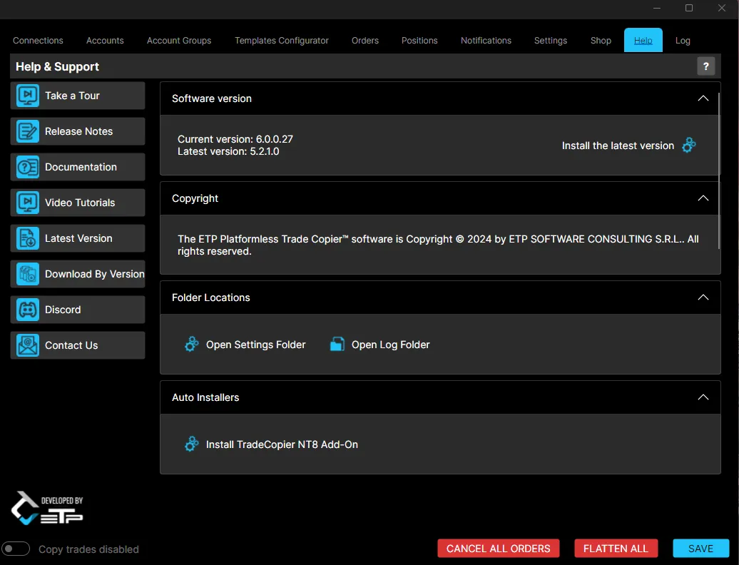 Version information, copyright, folder locations and auto installers on the Help page