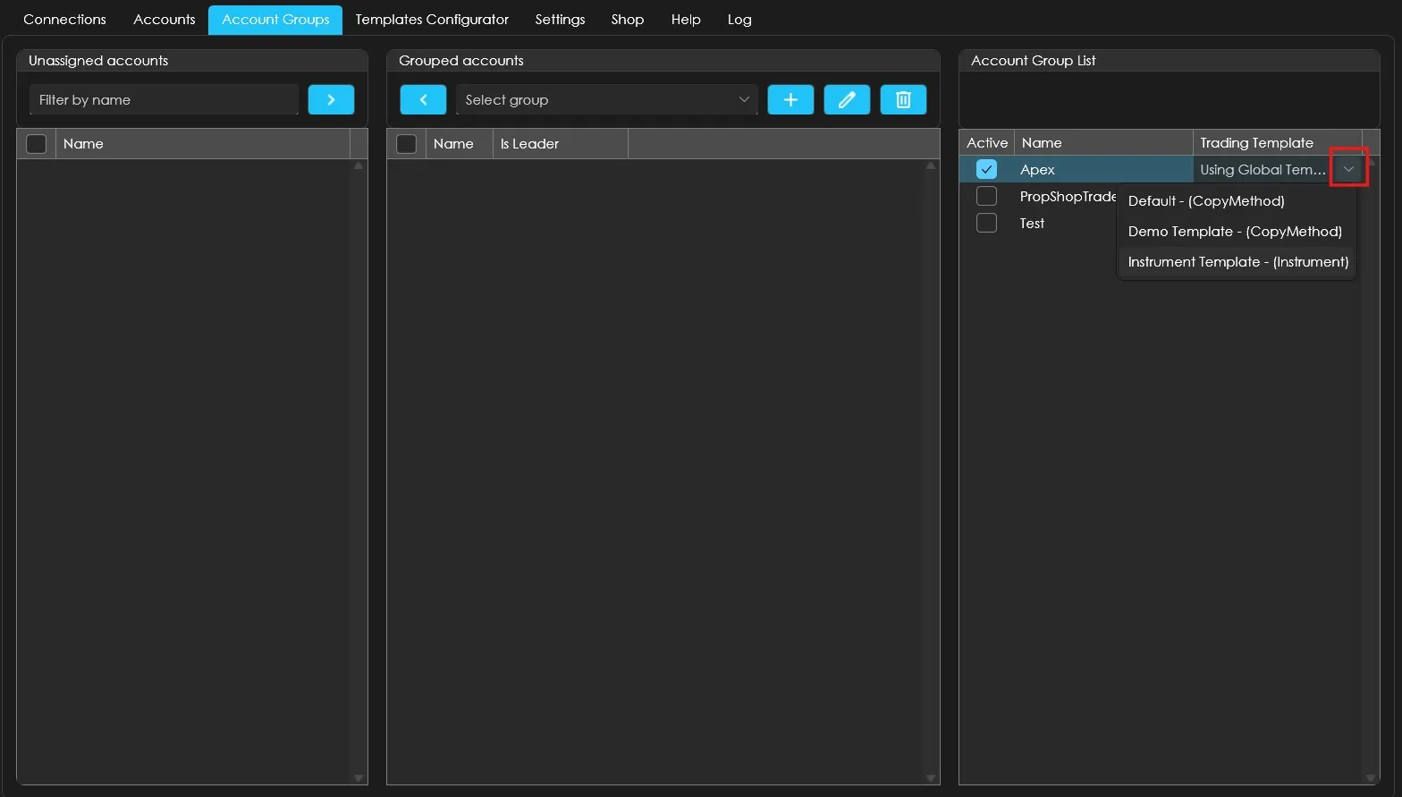 Assigning an instrument template to an account group