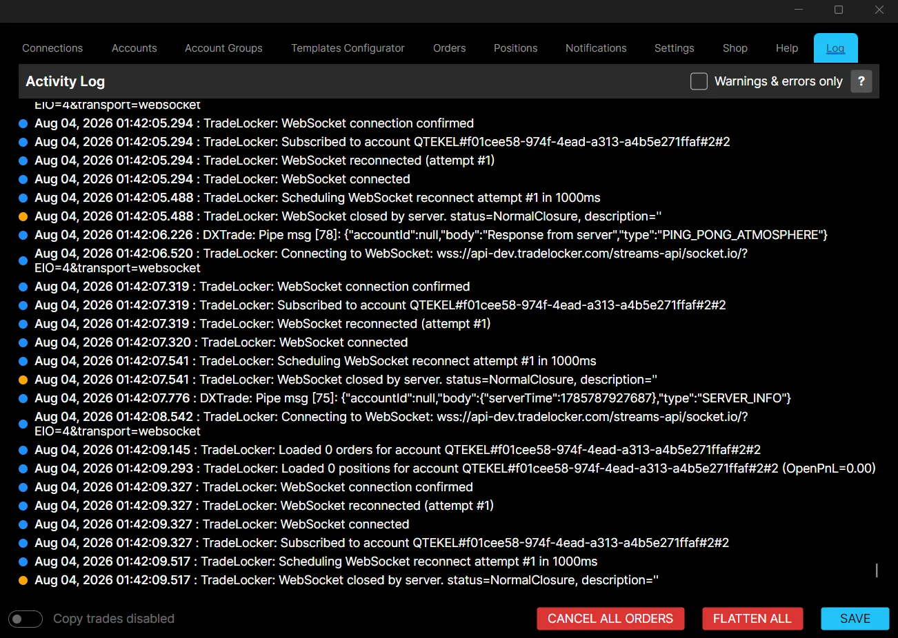 The Log page, showing timestamped activity messages