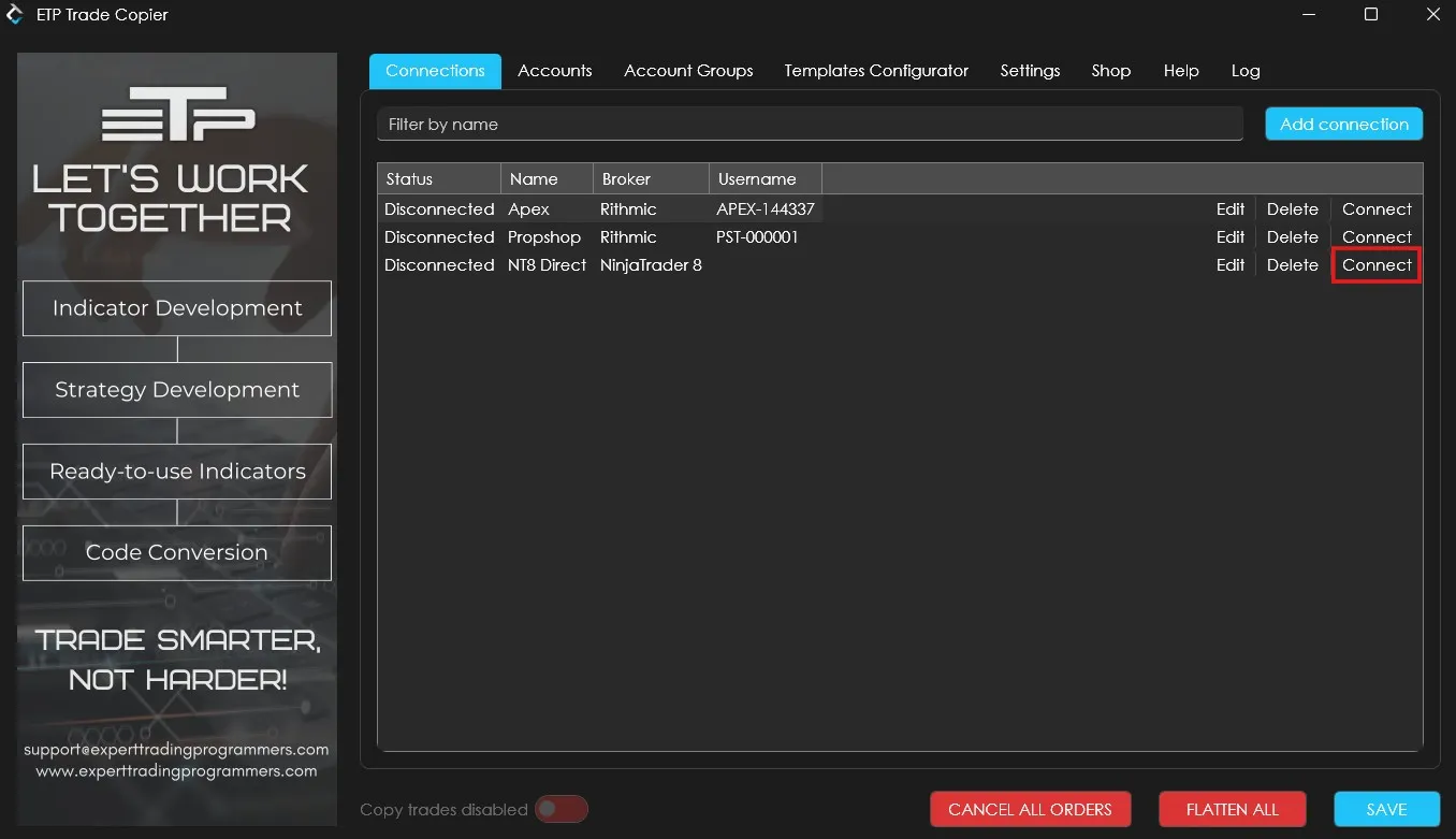 The NinjaTrader 8 connection in the ETP Trade Copier connections list, ready to connect