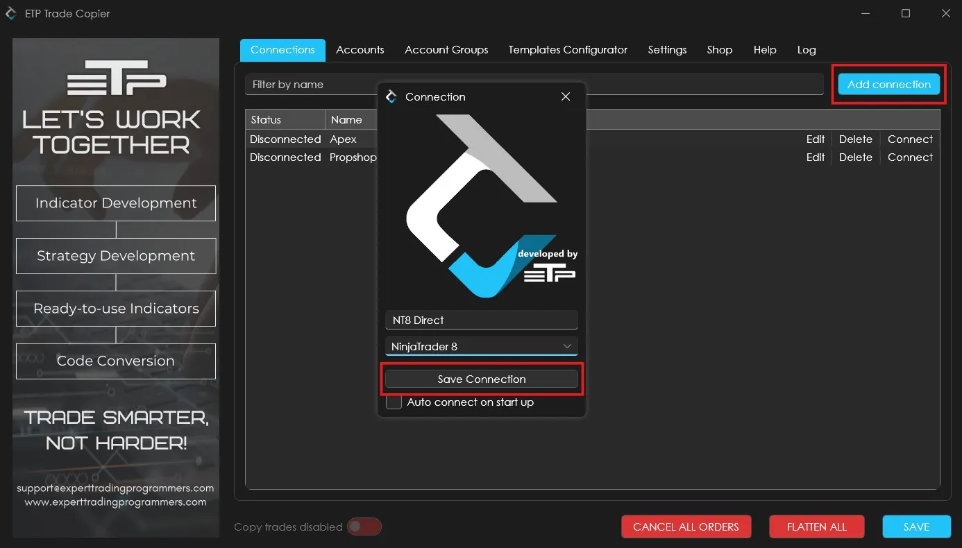 Adding a NinjaTrader 8 direct connection in ETP Trade Copier with no username or password