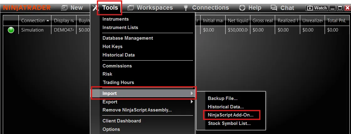 NinjaTrader 8 Control Center with Tools, Import, NinjaScript Add-On selected