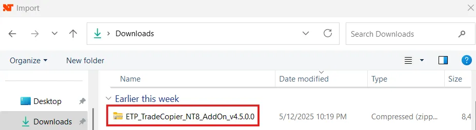 Selecting the ETP Trade Copier NT8 add-on file in the NinjaTrader import dialog