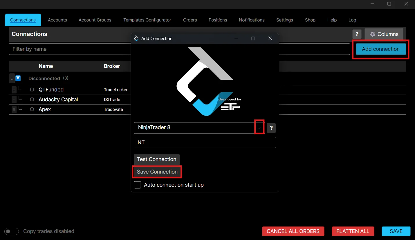 The Add Connection dialog in ETP Trade Copier with NinjaTrader 8 chosen as the broker and Save Connection highlighted