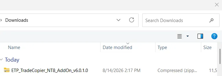 A Windows file picker showing the ETP_TradeCopier_NT8_AddOn_v6.0.1.0 zip file in the Downloads folder