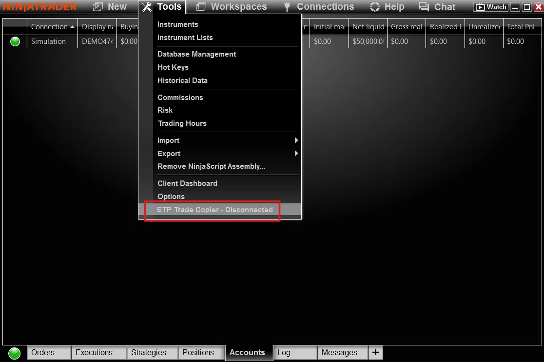 The NinjaTrader 8 Tools menu with ETP Trade Copier - Disconnected highlighted at the bottom of the list