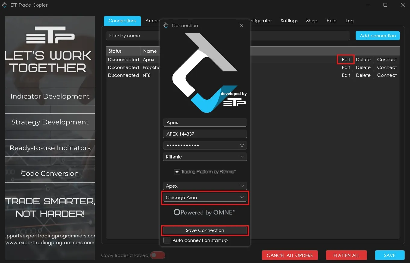 Changing the server location on a Rithmic connection after a failed connection attempt