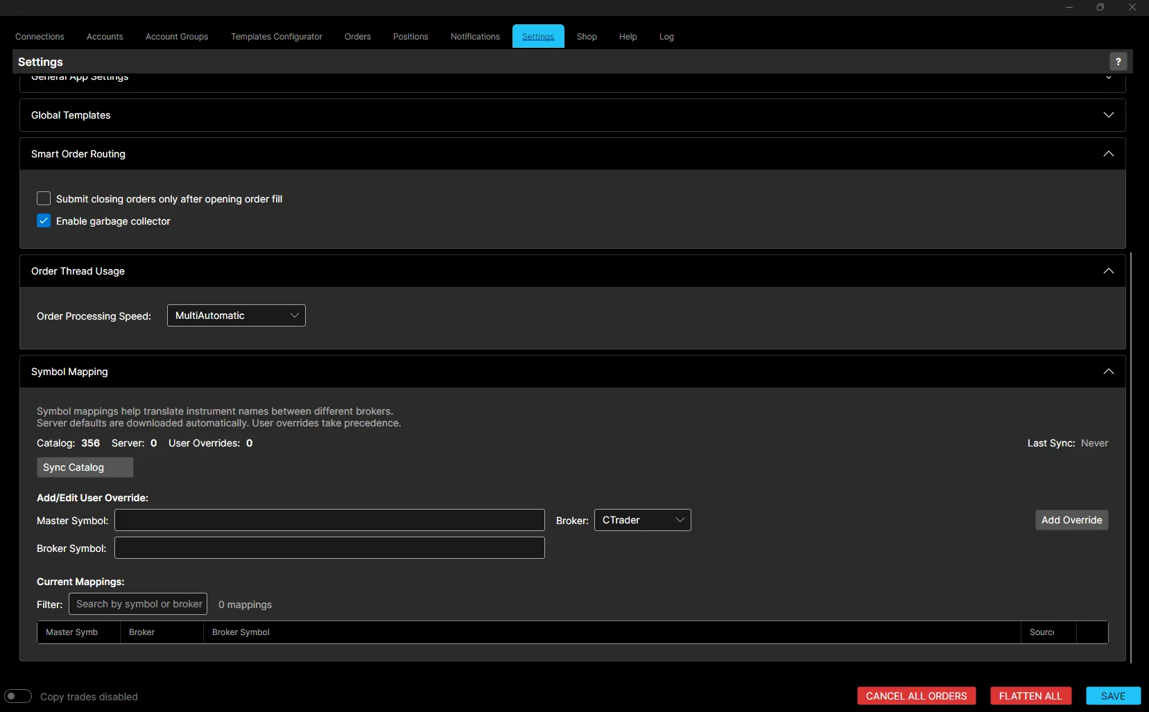 The lower half of Settings, showing smart order routing, order thread usage and symbol mapping