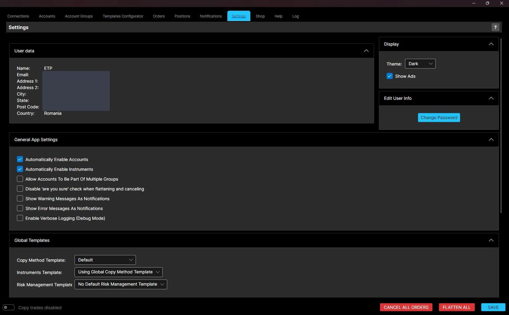 The Settings page, with user data, display options, general app settings and global templates