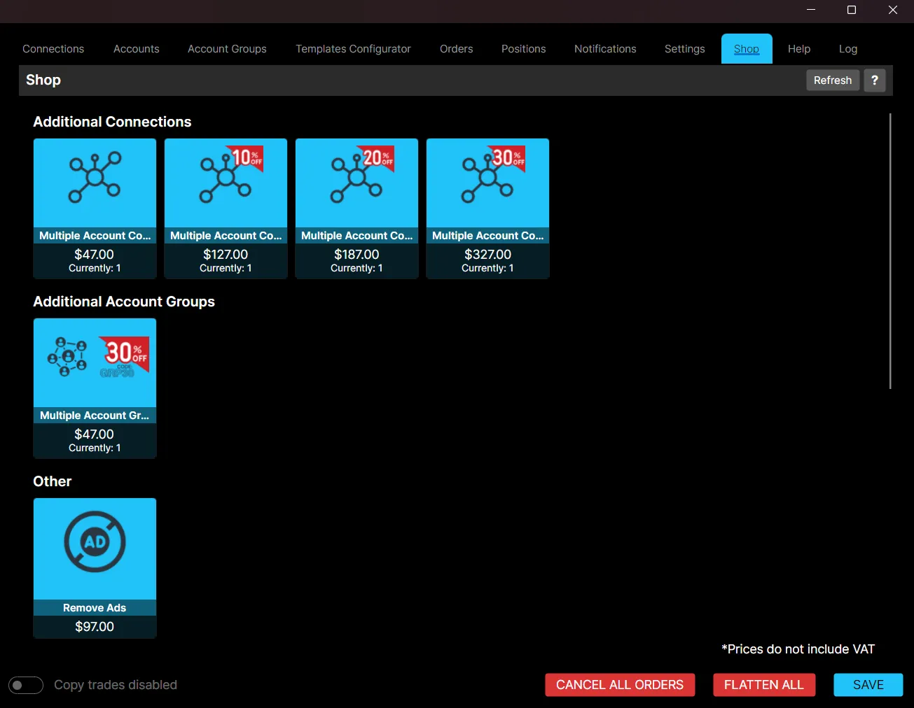 The Shop page, with the additional connection tiers, account groups and remove ads