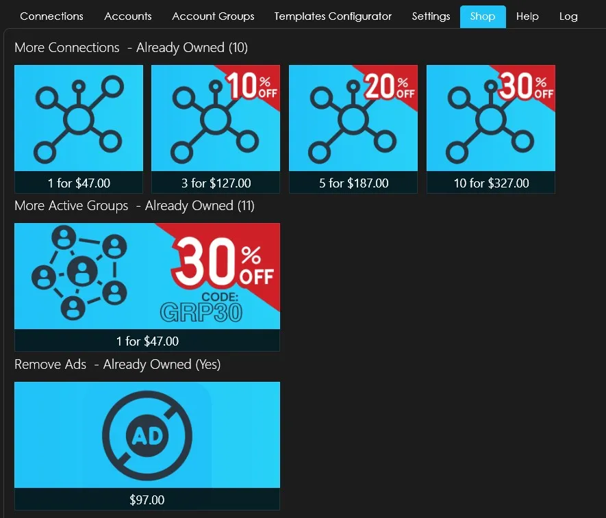 The Shop tab in ETP Trade Copier listing connection packs and account group add-ons