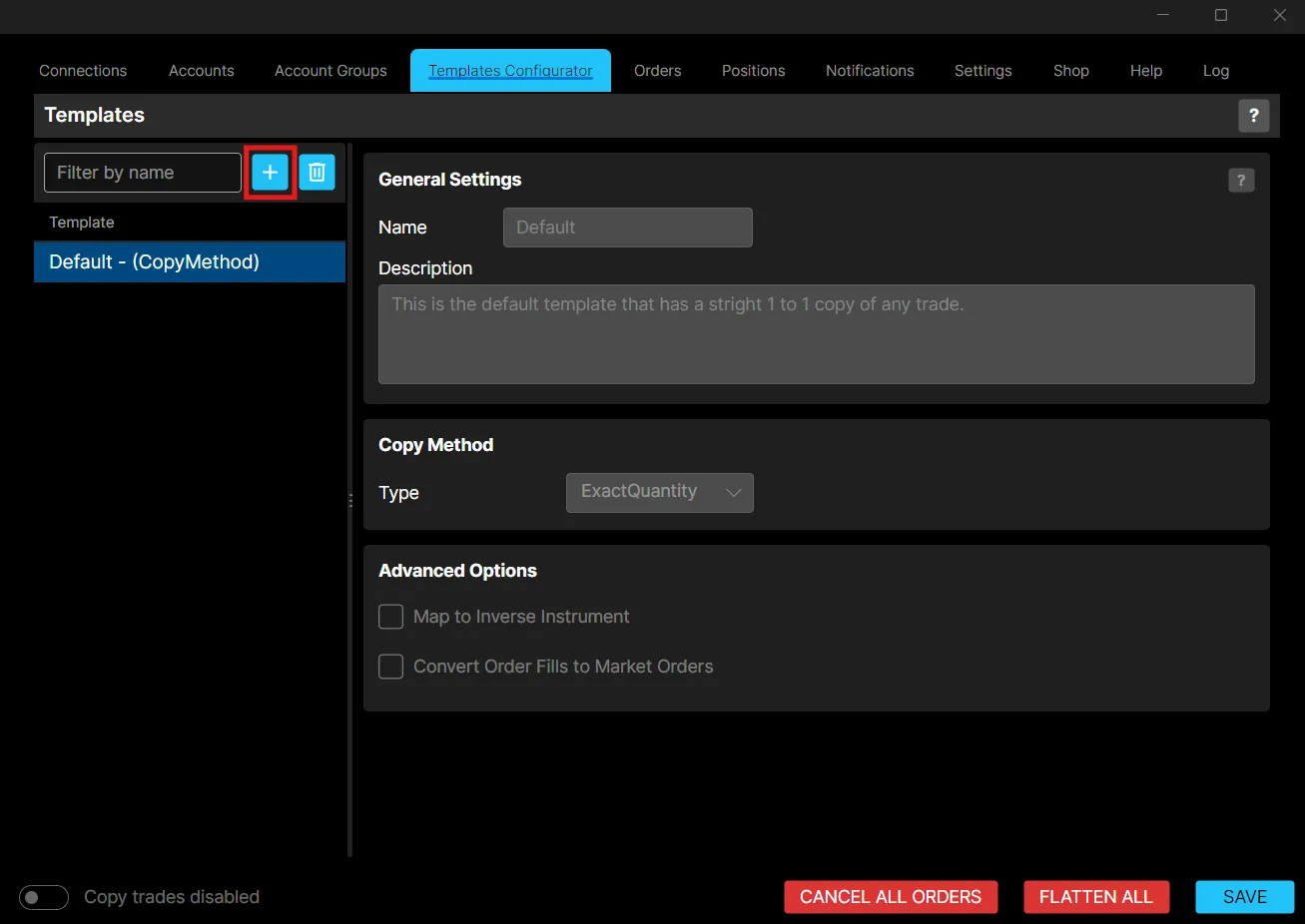 The Templates Configurator, showing the default template and its settings