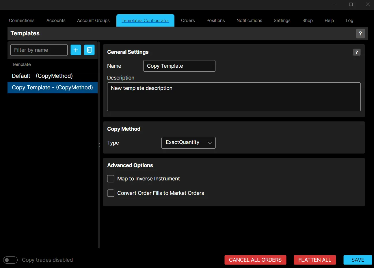 A copy method template's general settings and copy method