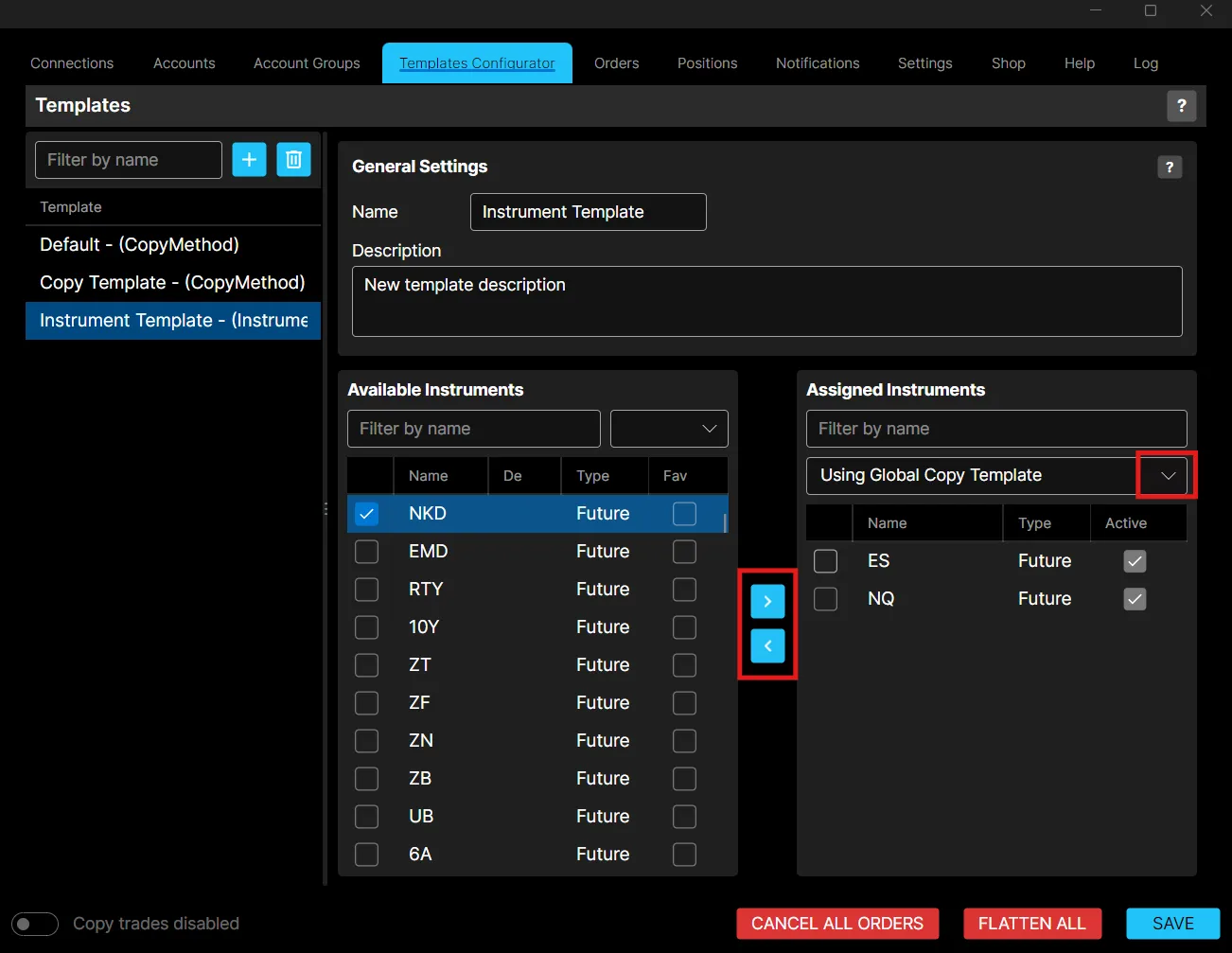 An instrument template, with available and assigned instruments