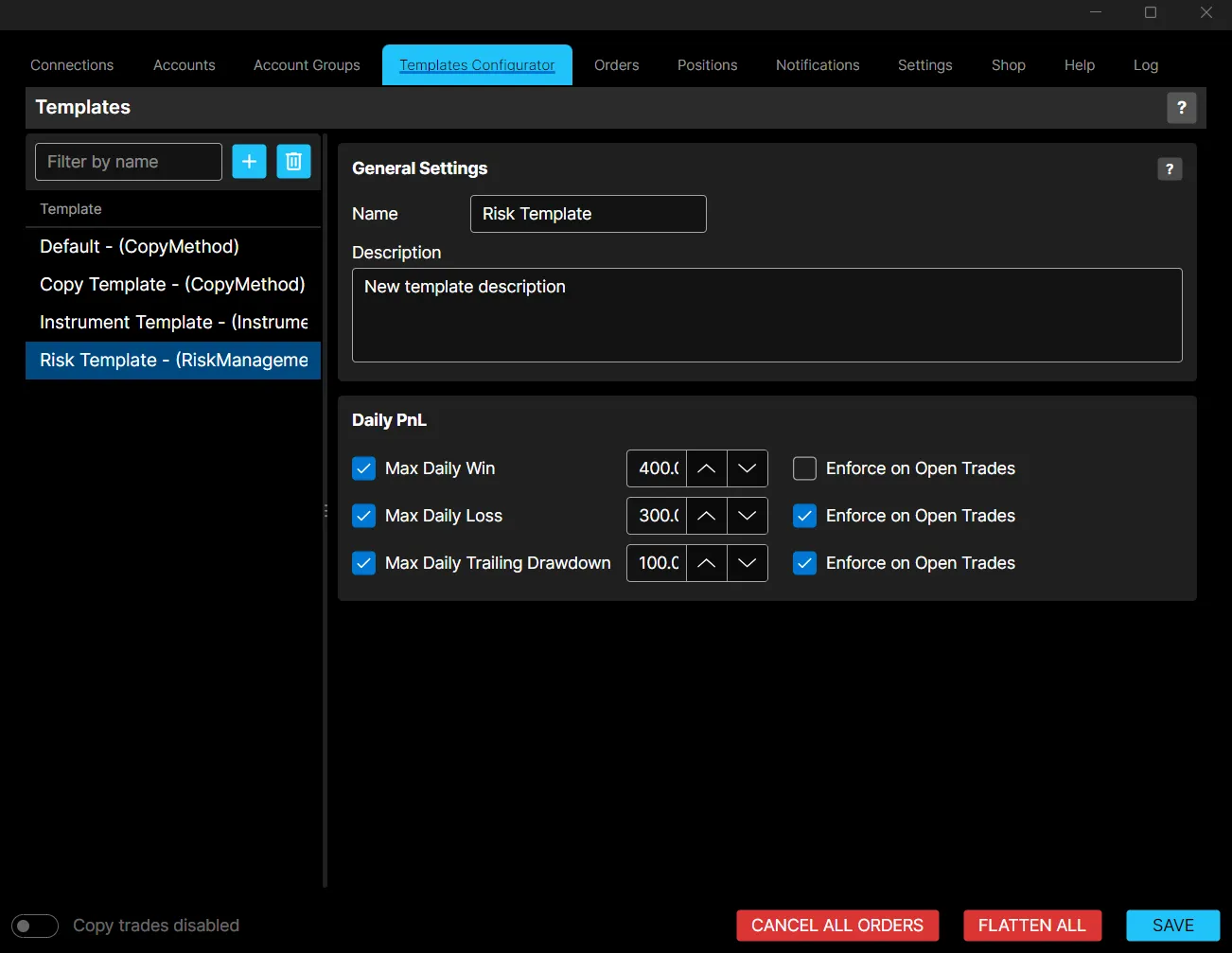 A risk management template, with the daily PnL limits