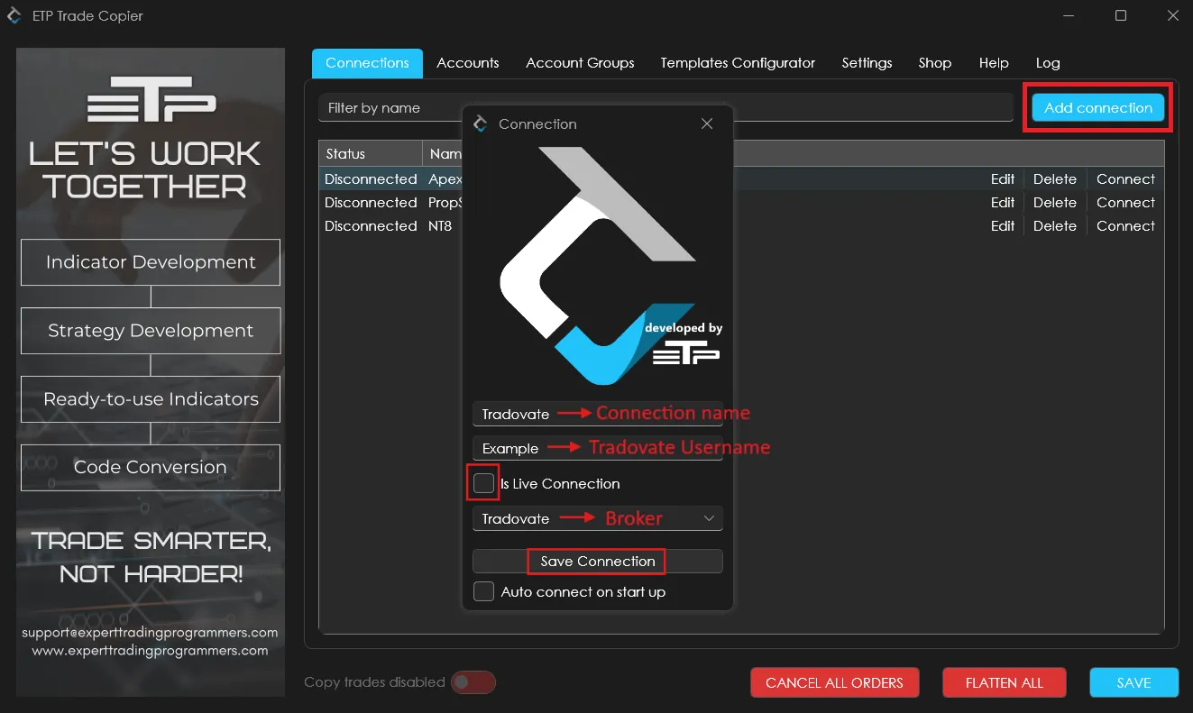 The Add Connection dialog in ETP Trade Copier with Tradovate selected as the broker