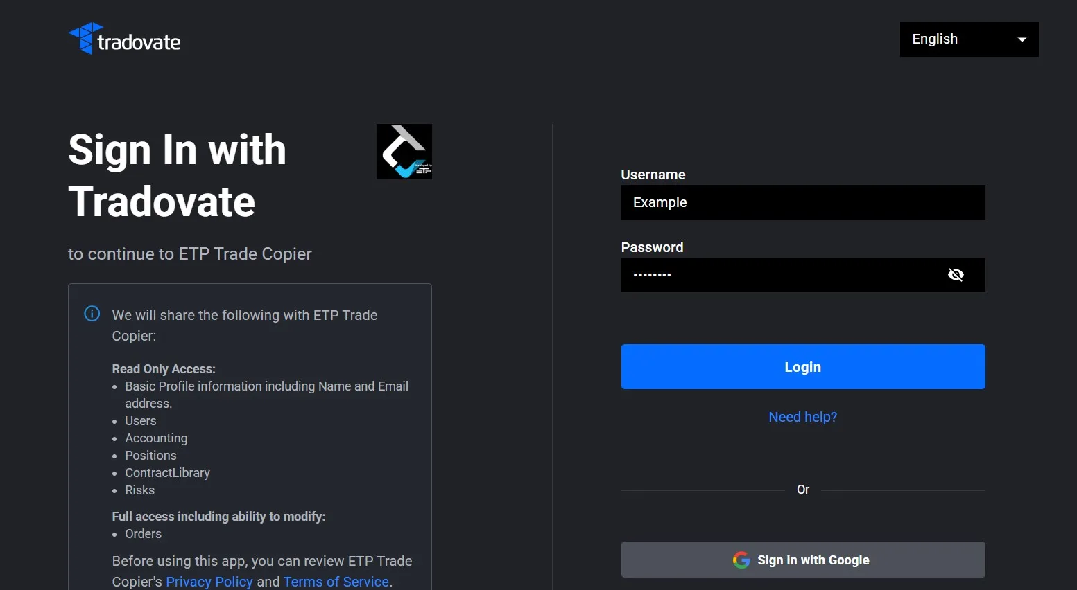 Authorising ETP Trade Copier from the Tradovate website