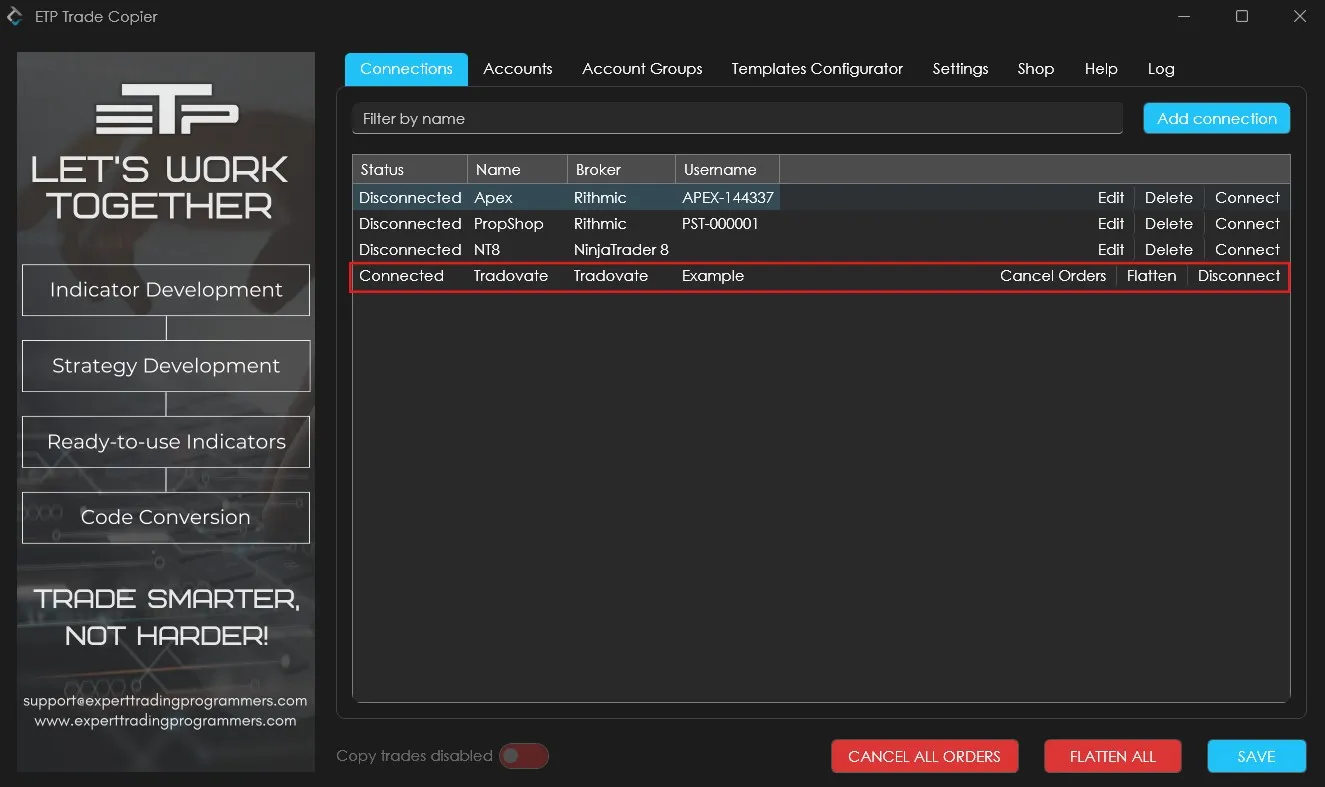 A Tradovate connection showing as successfully connected in ETP Trade Copier